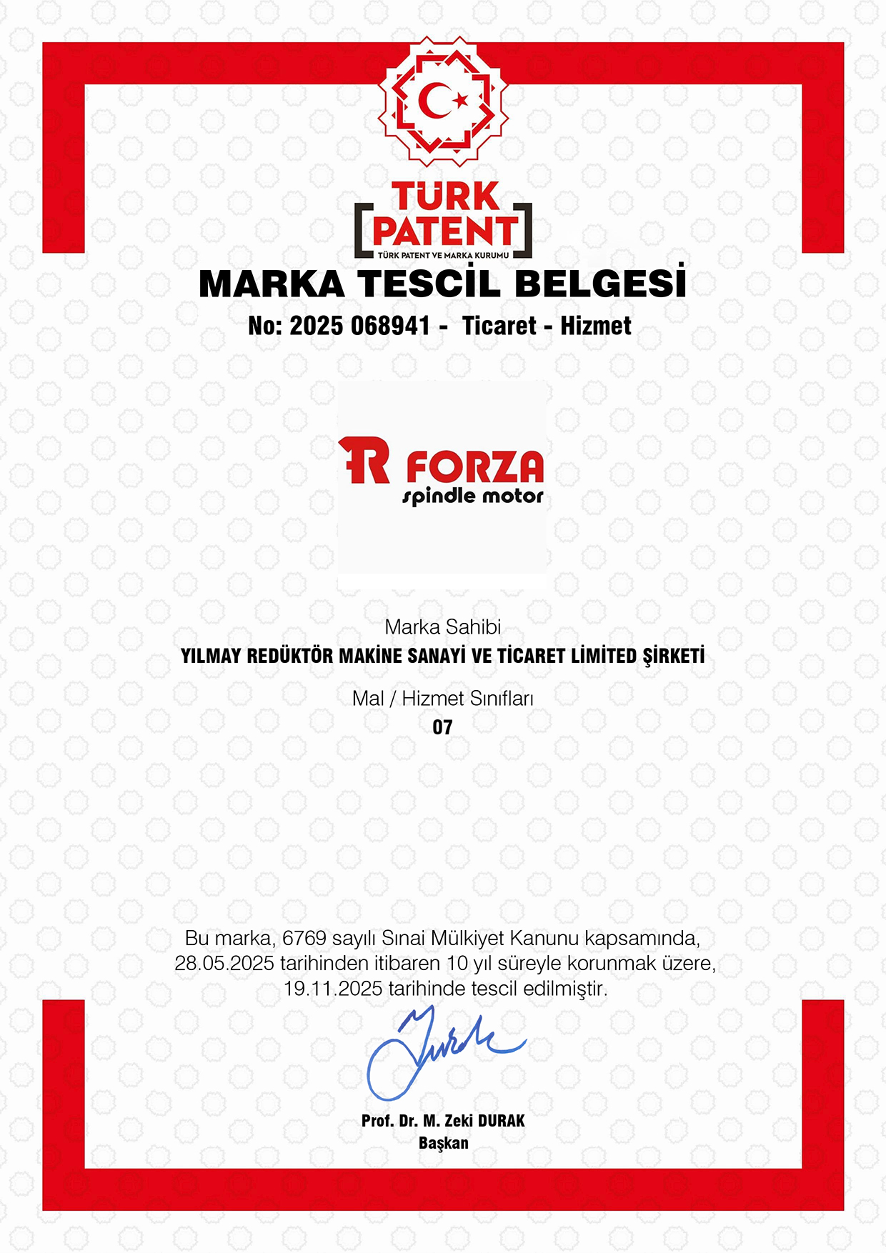 FORZA spindle motor marka tescil belgesi, 2025 068941